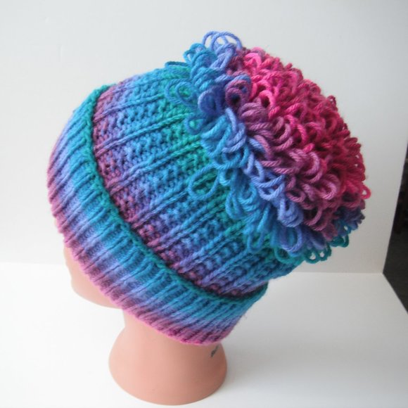 Hand Knitted Hat Toque Adult Size - L-M  Acrylic Pink/Blue-026B Hand knit by me - Picture 5 of 8